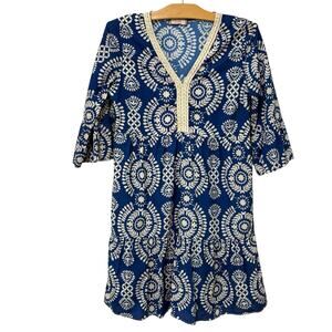 Saiph Lab | Dress Tiered Bell Sleeve Santorini Mini White Blue- Small